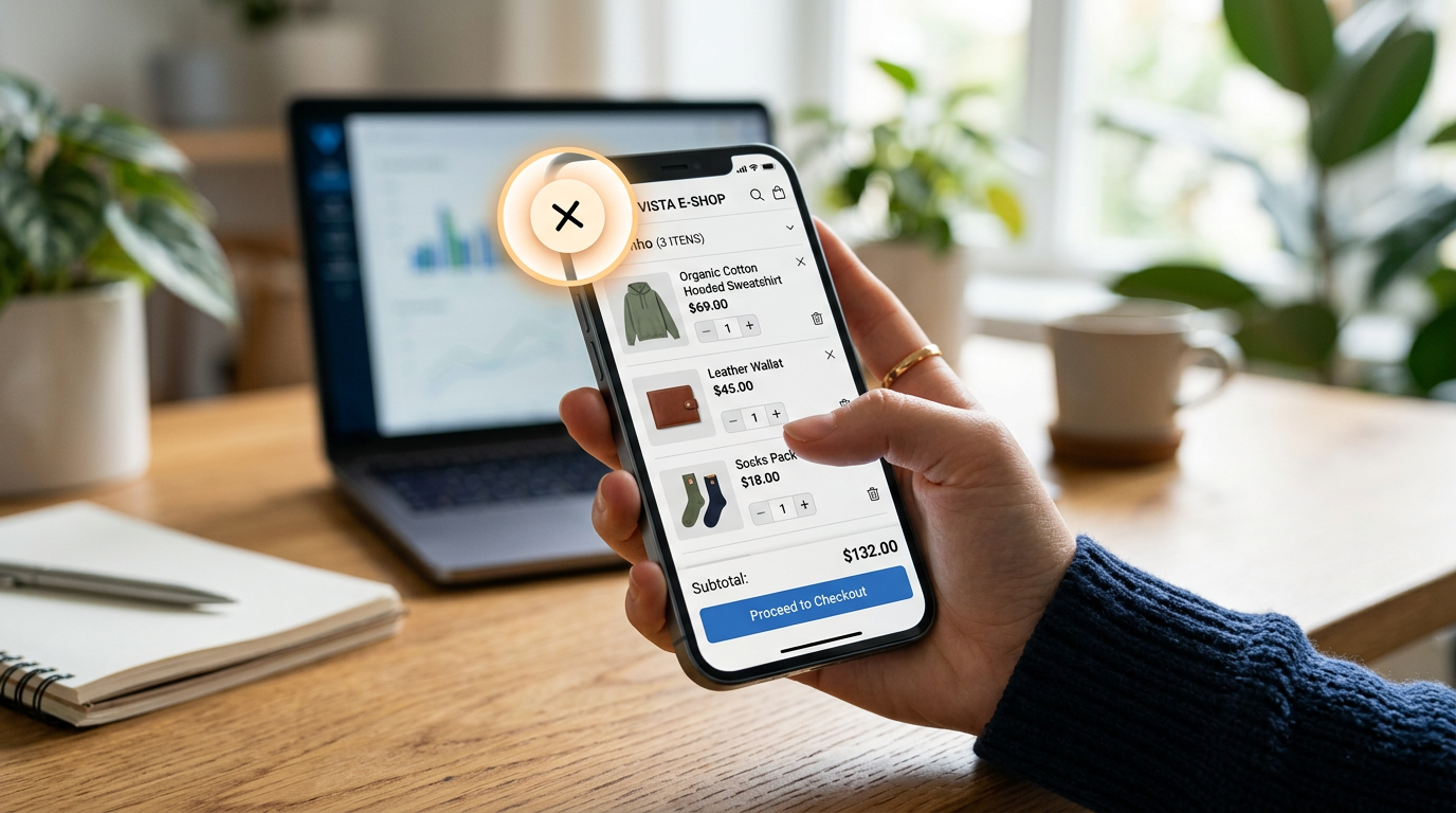 Uma mão segurando um smartphone com um aplicativo de carrinho de compras aberto, mas o botão de 'fechar aba' está em destaque, simbolizando o autocontrole.