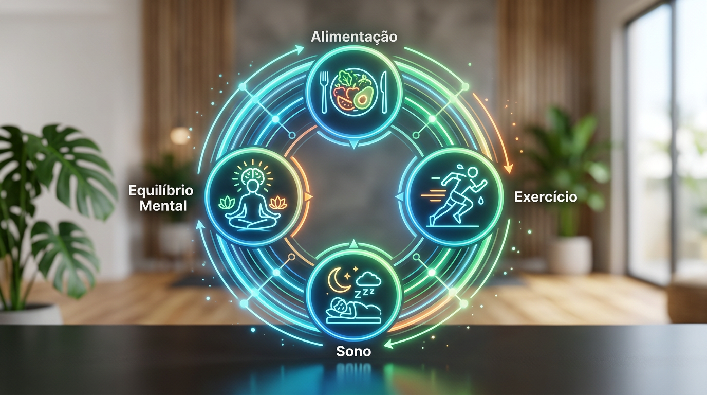 Um infográfico circular e moderno mostrando a interconexão entre Alimentação, Exercício, Sono e Equilíbrio Mental, com ícones minimalistas para cada categoria.
