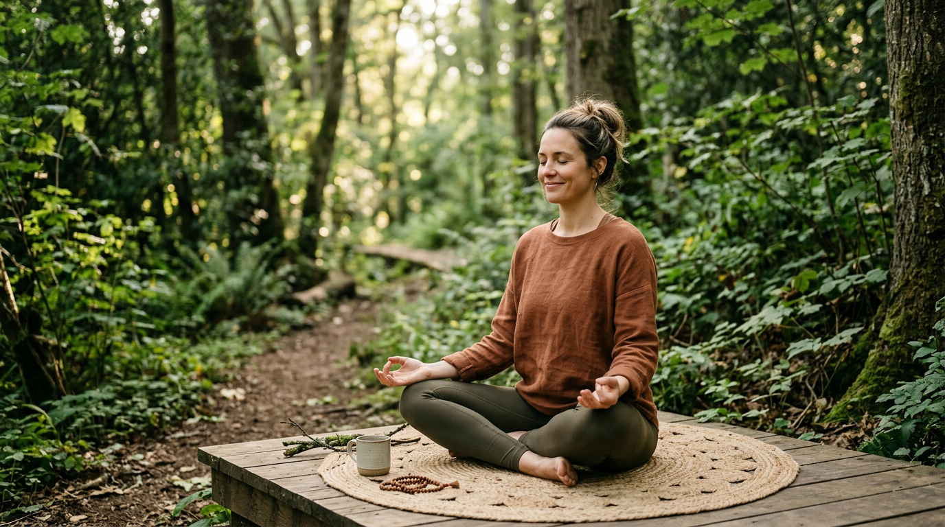 Uma pessoa sentada em um ambiente calmo e arborizado, praticando meditação ou respirando fundo, transmitindo paz e equilíbrio emocional.