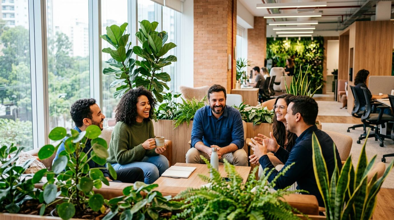 Um ambiente de escritório moderno com colegas conversando amigavelmente e plantas decorativas, simbolizando o bem-estar e a saúde mental no trabalho.
