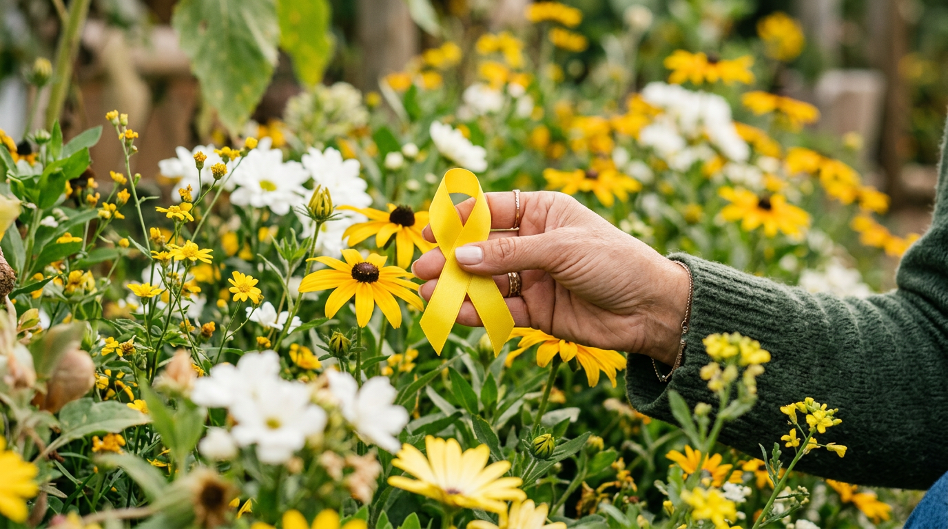 Uma mão segurando um laço amarelo cercada por flores, representando a campanha Setembro Amarelo e a esperança na prevenção ao suicídio.