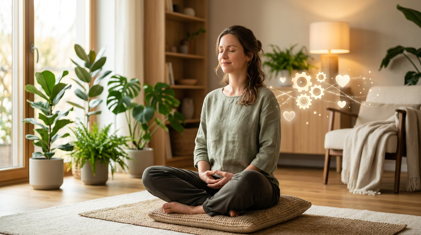 Uma pessoa sentada em um ambiente calmo e iluminado, praticando meditação ou respirando fundo, com ícones sutis de engrenagens e corações flutuando ao redor para representar equilíbrio mental.