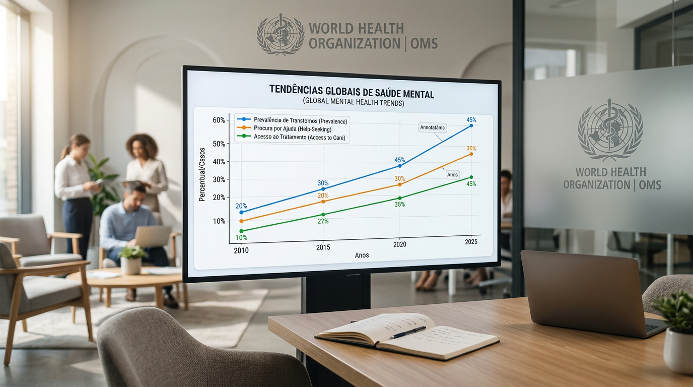 Um gráfico profissional e limpo mostrando tendências globais de saúde mental, com o logotipo da OMS (WHO) ao fundo de forma discreta.