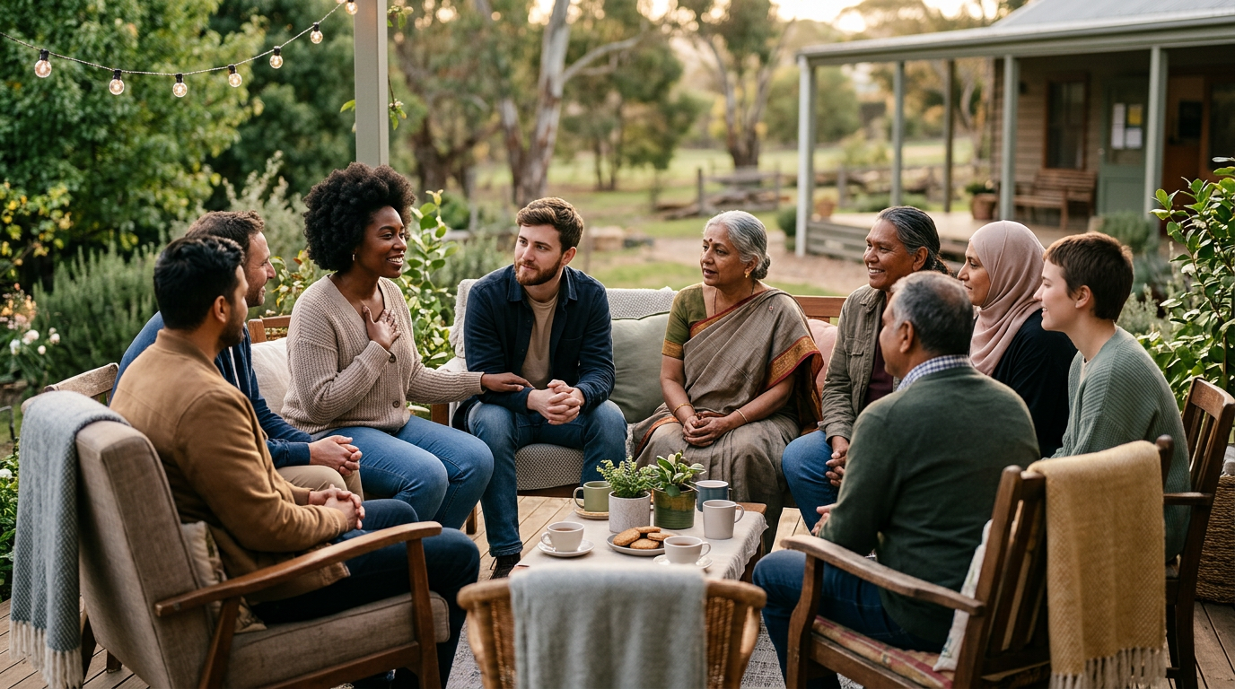 Um grupo diversificado de pessoas em uma roda de conversa acolhedora, simbolizando o apoio comunitário e a quebra do estigma social.